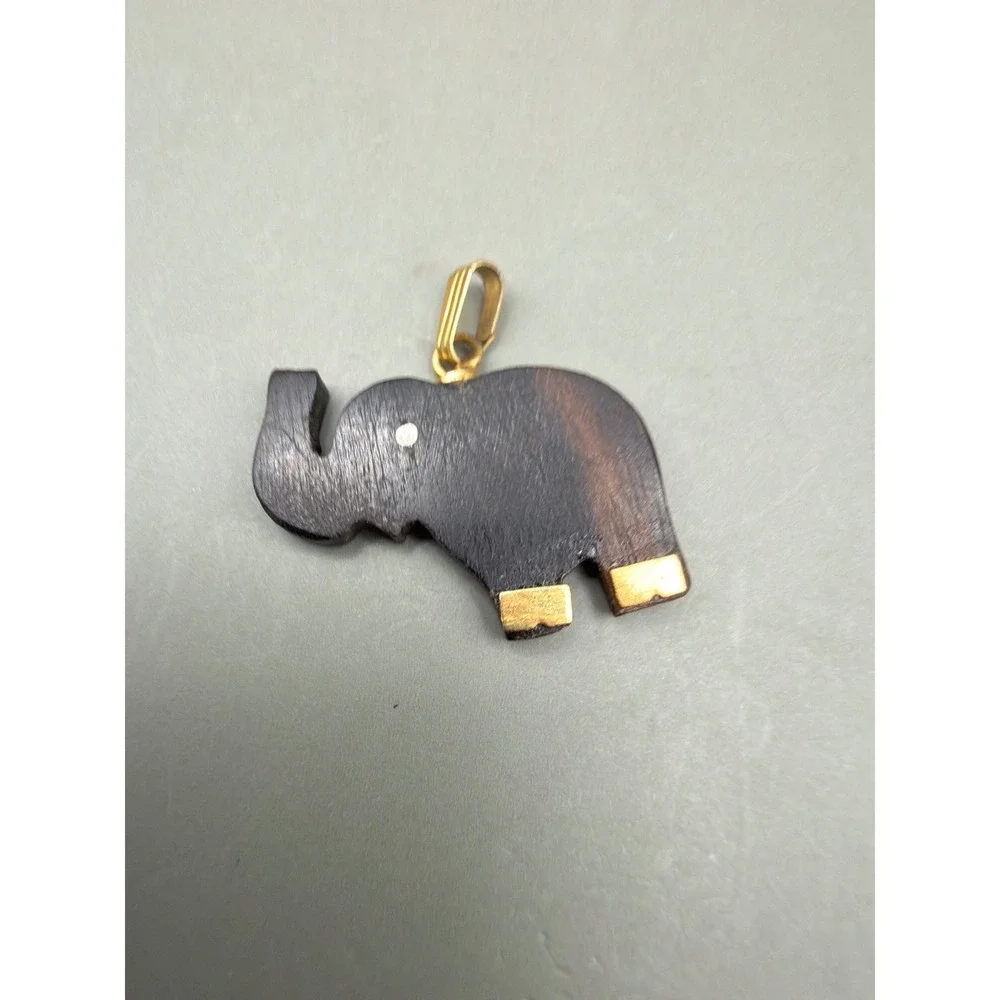 Elephant Pendant Wood Gold Tone Animal Charm Dark Brown Small Boho Jewelry